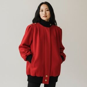 Herman Kay Statement Coat Oversized 6 Red 80s Vintage Wool Gold Button Car Coat